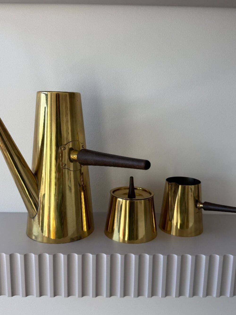 Vintage Modernist Mid Century Brass Wood Tea Coffee Service Sugar Creamer Japan
